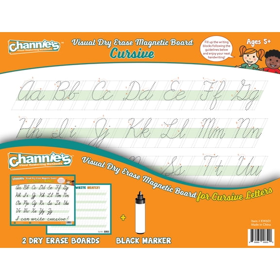 Channie's 2 Pack Dry Erase & Magnetic CURSIVE boards with 1 black marker