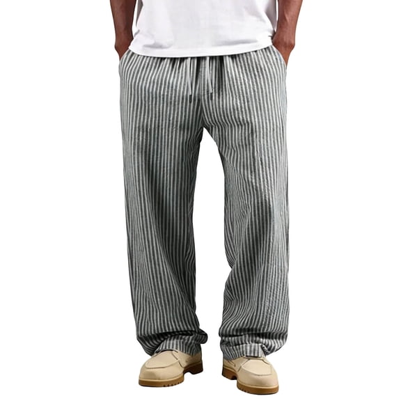 hotojiny Men's Linen Pants Lightweight Drawstring Elastic Waist Casual Pants with Pockets Loose Fit Striped Summer Beach Yoga Pants