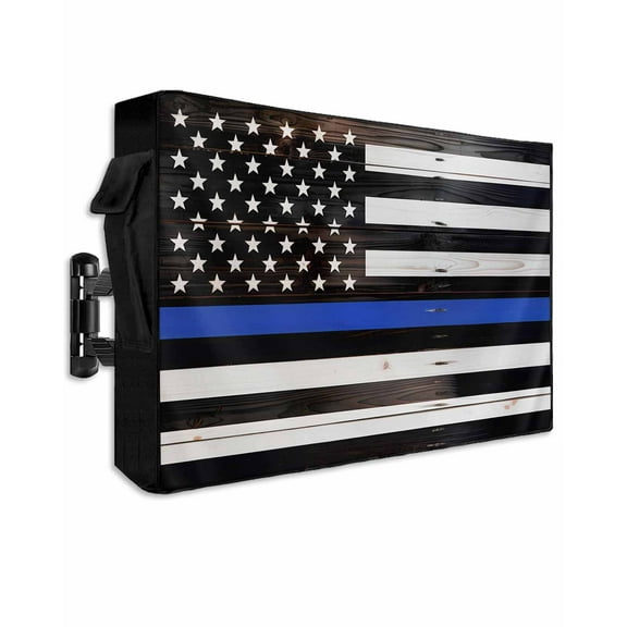 Blue American Flag Outdoor TV Cover 30 to 32 Inch Weatherproof, Black White Stripe US Flag Retro Wooden 600D Oxford TV Covers with Waterproof Zipper, Outside Flat TV Screen Protector 30"Wx19"Hx4.5"D