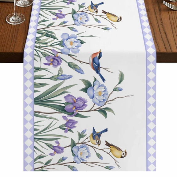 Table Runners 72 Inches Long Dress Scarves, Spring Flowers Farmhouse Kitchen/Dining Table Runner, Coffee Tablerunners, Vintage Blue Floral Leaves Birds Rustic Plants 13x72 Inch