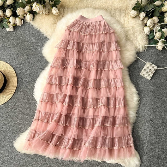 TaTaai Women High Waist Layered Tulle Cake Skirt Elegant Fluffy Mesh Midi Skirt Ladies Spring Summer Daily Commute Party Wear Lightweight Breathable Soft Stylish Skirt Gift