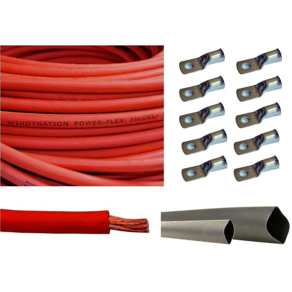 WNI 6 AWG 6 Gauge 15 Feet Red Battery Welding Pure Copper Ultra Flexible Cable + 5pcs of 5/16" & 5pcs 3/8" Copper Cable Lug Terminal Connectors + 3 Feet Heat Shrink Tubing