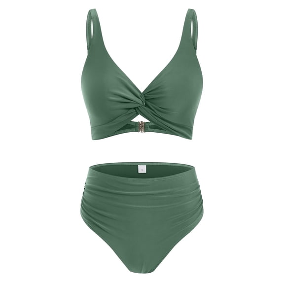 Women Two Piece Swimsuits High Waisted Bikini Set Tummy Control Bathing Suits Knot Twist Swimwear Green XL