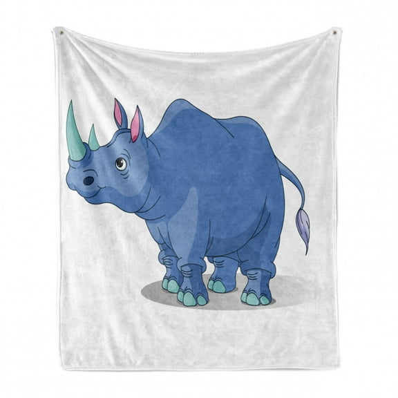 Animal Soft Flannel Fleece Throw Blanket, Simple Childish Cartoon of Wild Animal with Tusks on Plain Backdrop, Cozy Plush for Indoor and Outdoor Use, 70" x 90", Dark Ceil Blue and White, by Ambesonne