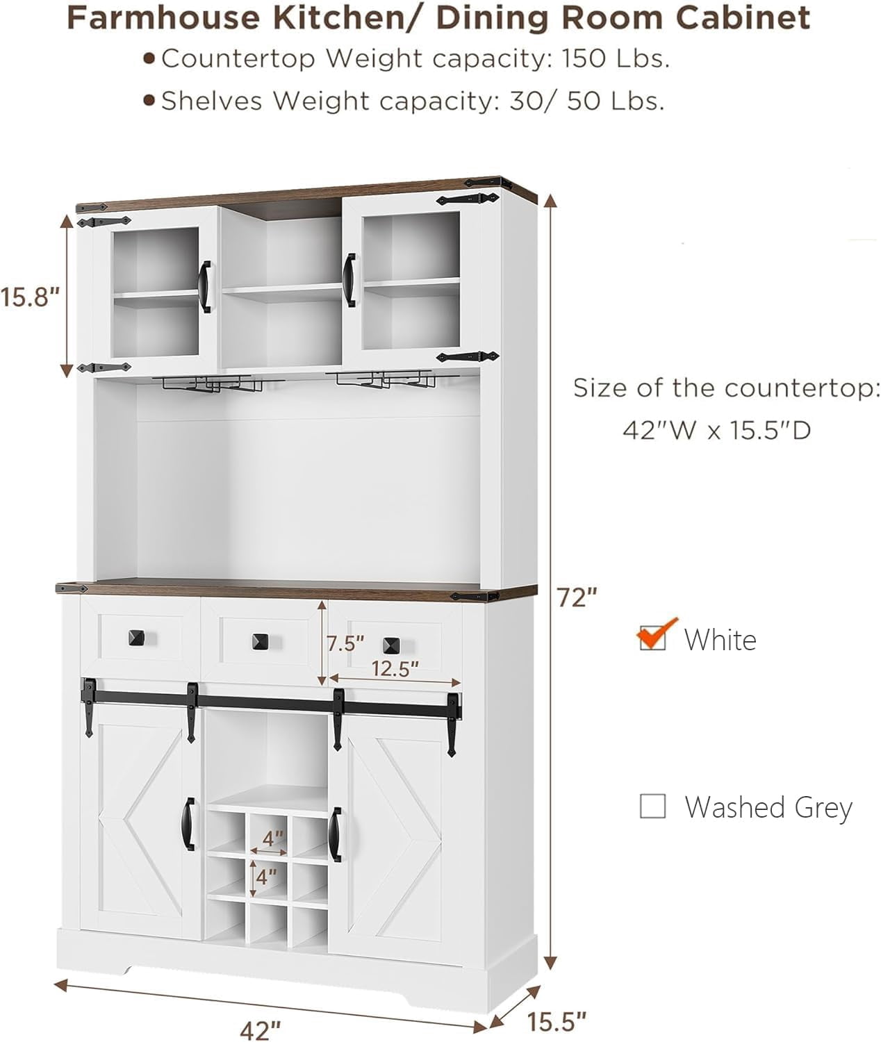 Homhougo 72" Kitchen Pantry Storage Cabinet with Hutch and Sliding Barn Door, Farmhouse Tall Buffet Cabinet with Drawers, Large Coffee Bar with Wine & Glasses Rack, for Home Living Room, White
