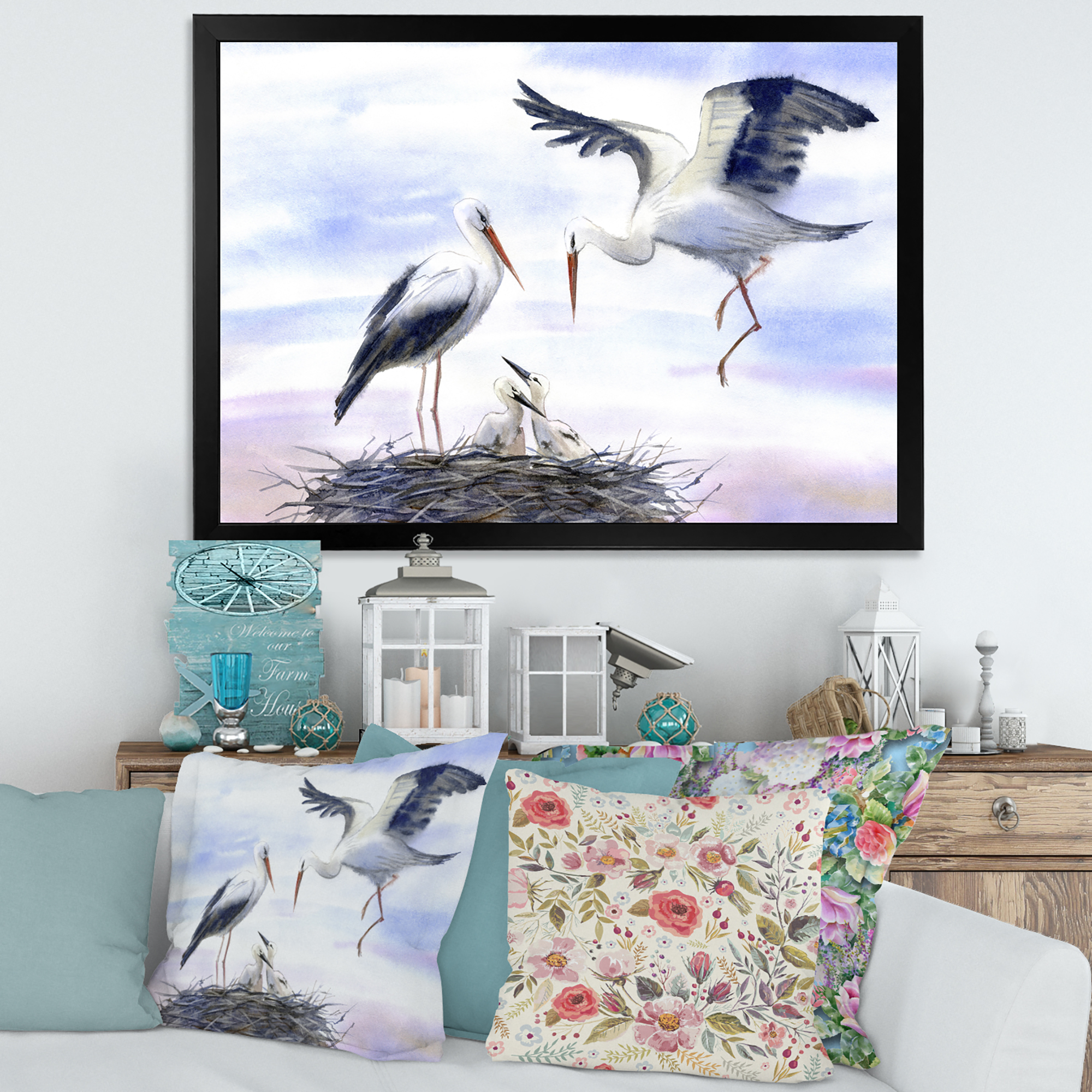 Designart 'Storks With Babies In The Nest' Farmhouse Framed Art Print