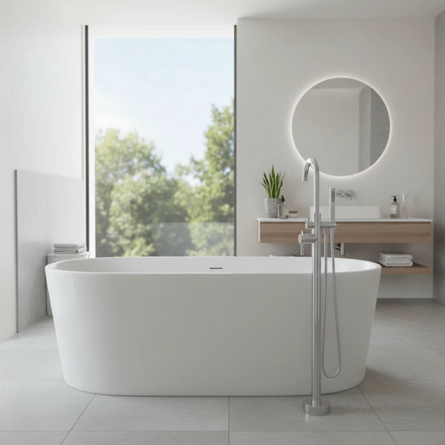 ROOMISLAND Floor Mount Bathtub Faucet Freestanding Tub Filler Standing High Flow Shower Faucets Shower Mixer Taps, with Handheld Shower, Silver