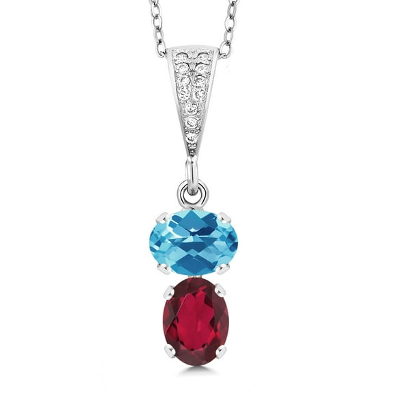 Gem Stone King 925 Sterling Silver Swiss Blue Topaz and Ruby Red Mystic Topaz Pendant Necklace for Women (2.67 Cttw, Gemstone November Birthstone, Oval Checkerboard 8x6MM, with 18 inch Chain)