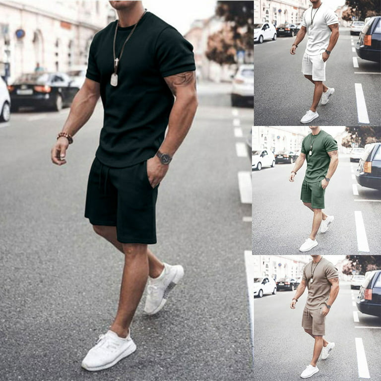 Men's Short Sleeve T-Shirt and Shorts Set Sport Casual Crew Neck Muscle  Sportswear 2 Piece Tracksuit Summer Outfits 