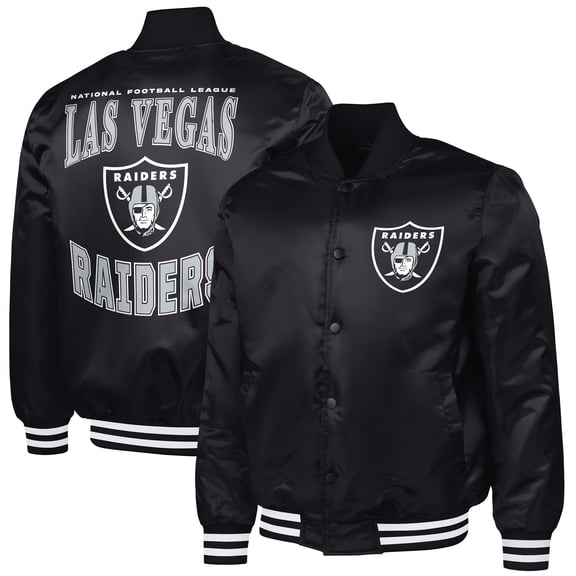 Men's G-III Sports by Carl Banks Black Las Vegas Raiders Adaptive Team Graphic Satin Full-Snap Varsity Jacket