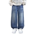 thumbnail image 3 of Afuyipoi Big Boys Denim Jeans Size 8-13 Solid Color Loose Wide Leg Straight Fit Washed Relaxed Pants for Kids Daily Casual School Outdoor Blue Size 7, 3 of 6