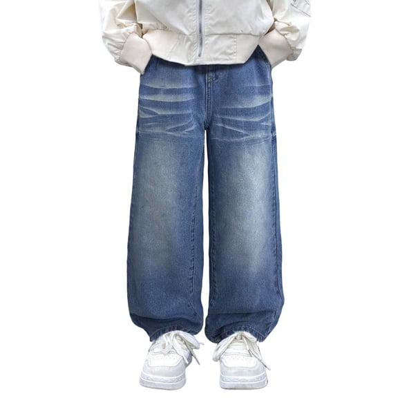 Gytharion 7T-15T Boys Washed Denim Pants Solid Color Casual Wide Leg Trousers with Pockets Fashion Straight-leg Jeans