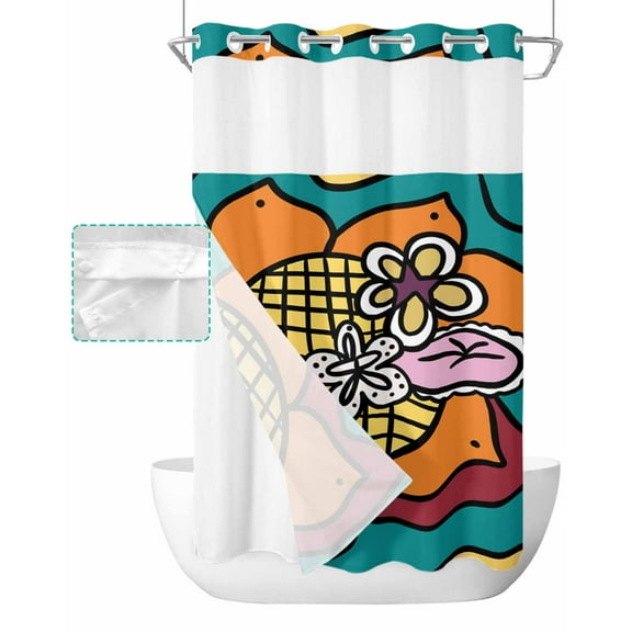 No Hook Shower Curtain with Snap in Liner, Cartoon Hand Drawn Abstract Flowers Floral Color Block Hotel Shower Curtains for Bathroom, Washable Shower Curtain Liner Set with Mesh Top Window, 54"x78"