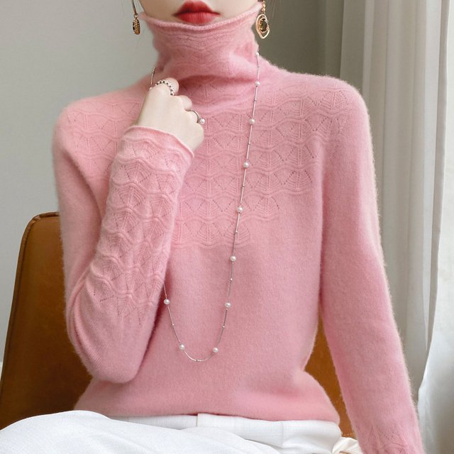 Suéter de lana con cuello alto para mujer, ropa de otoño e invierno lista para usar, suéter de cuello alto hueco, camisa de punto que combina con todo