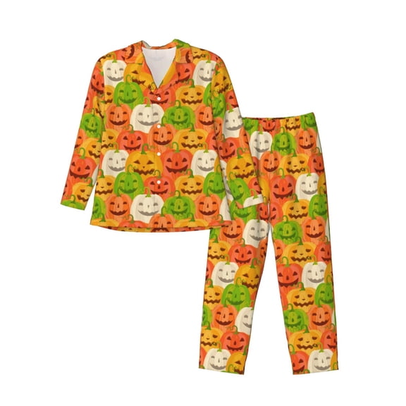 Logiee Cartoon Pumpkins Print Mens Long Sleeve Pajama Set,Notched Collar Pajamas for Men, Men's Sleepwear,Mens Sleepwear with Pockets & Button Down-XX-Large