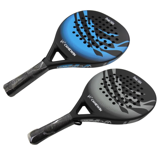 kit de 2 palas pádel camewin profesionales fibra carbono con núcleo eva — dos palas en vista 3/4, una con diseño azul y otra gris, caras perforadas y marco negro con logo CAMEWIN, mango con grip oscuro; 360 g por pala, 45–47 cm de longitud, núcleo de espuma EVA para control preciso y estabilidad; también suelen usarse para entrenamiento técnico y práctica de golpes.