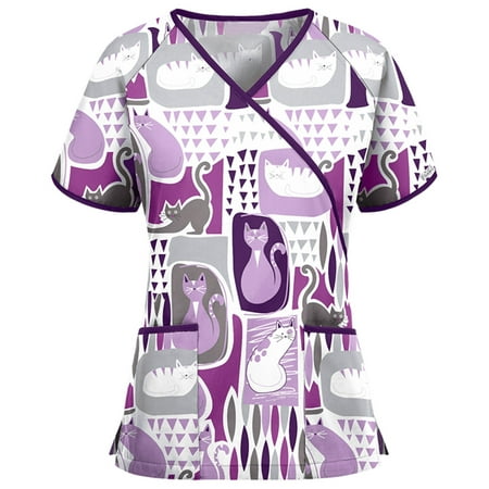 

BallsFHK Women s Fashion Casual Print Short Sleeve Working V-neck Top Blouse Scrub Tops Women