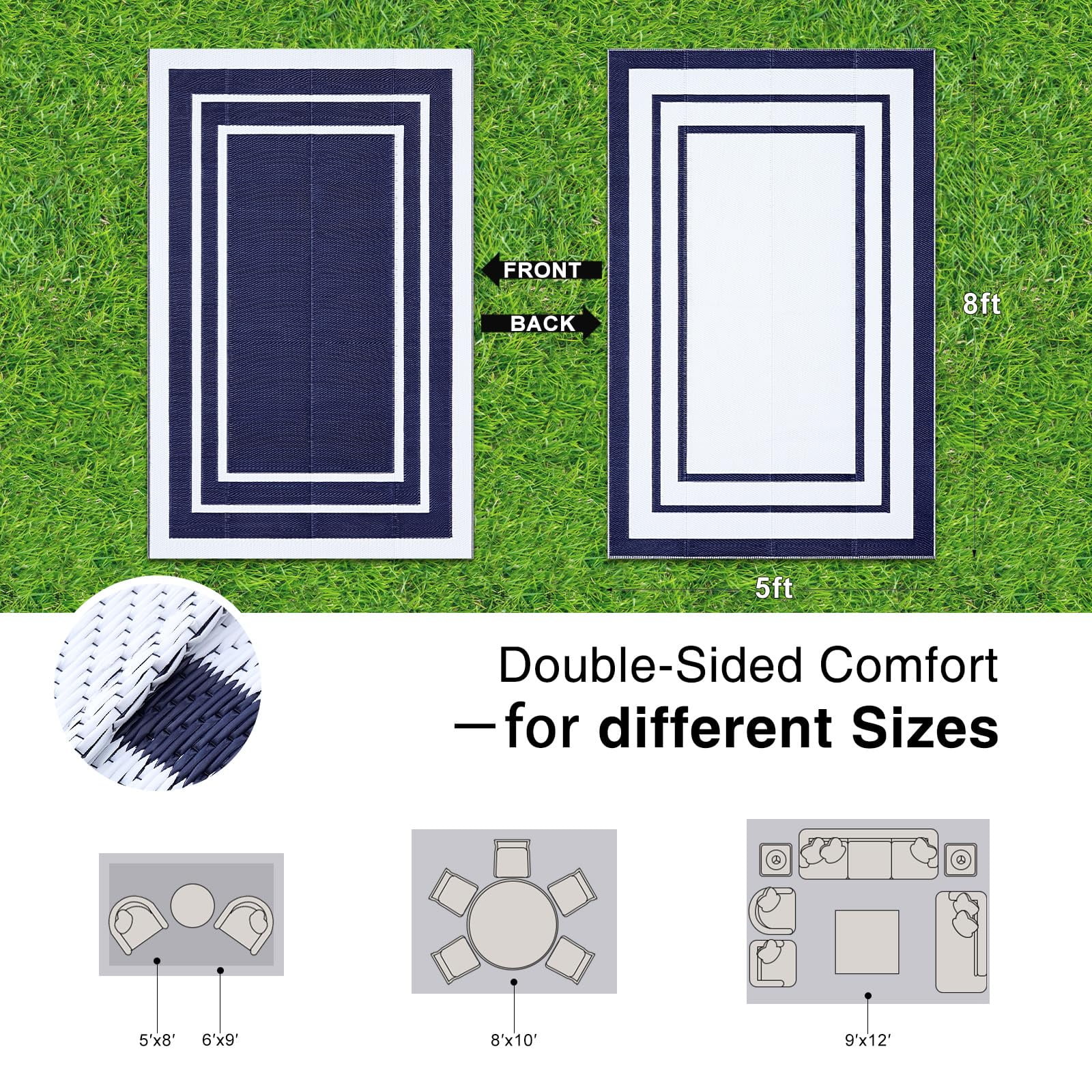 Smiry Outdoor Rugs 5x8, Waterproof Plastic Straw Indoor Outdoor Mat for Patio, RV Camping, Deck,Porch, Navy & White