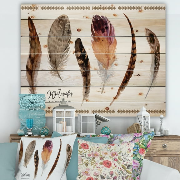 Designart 'Exotic Vibrant Boho Watercolor Feathers' Bohemian & Eclectic Print on Natural Pine Wood