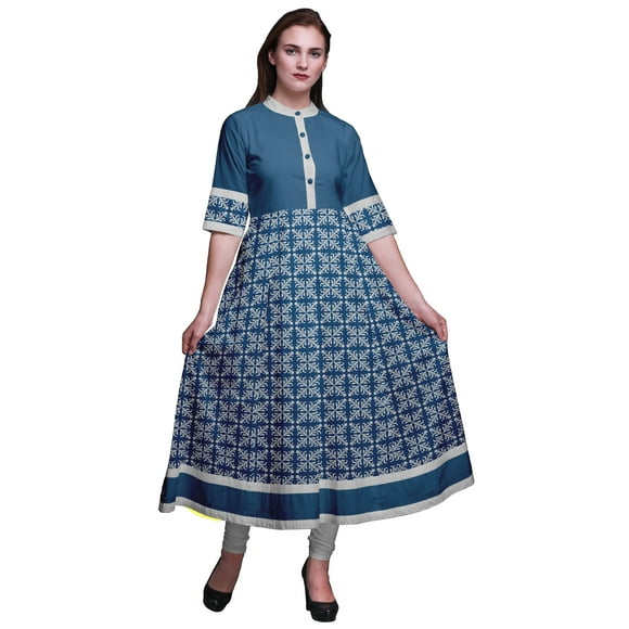 Bimba White Tiles Moroccan Long A Line Anarkali Dress For Women Classic Printed Indian Kurtis Tunic-Small