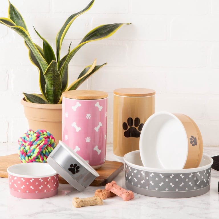 Bone Dry Ceramic Pet Bowls – Small Set Of 2, Chevron Gray Design, Non-Skid & Dishwasher Safe
