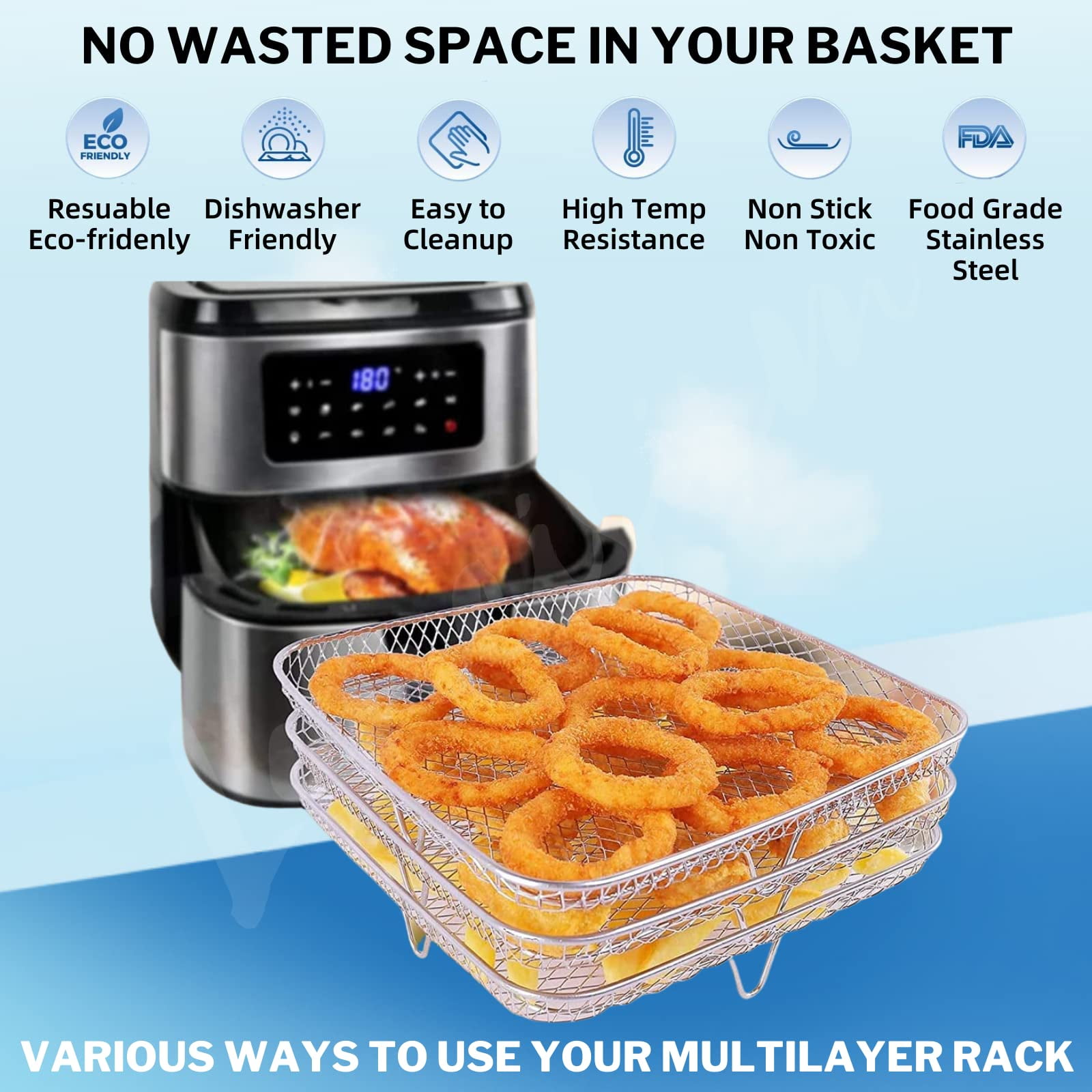 CHENALIN Air Fryer Accessories, 3 Stackable Dehydrator Racks, 304 Stainless Steel For Air Fryer and Oven, 8 Inch Square