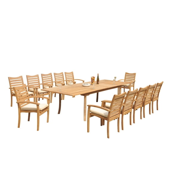 Grade-A Teak Dining Set: 12 Seater 13 Pc: 118" Rectangle Table And 12 Aspen Stacking Arm Chairs Outdoor Patio WholesaleTeak #51AP2413