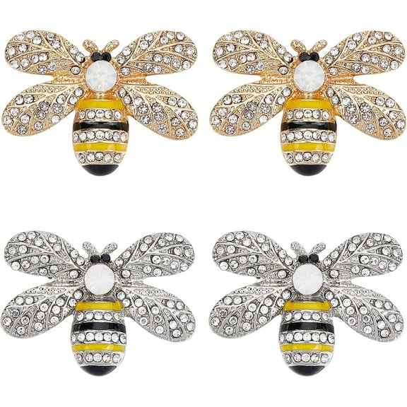 4PCS Bee Rhinestone Alloy Buttons 2 Colors Embellishments Metal Shank Sewing Coat Buttons Embellishments DIY Crafts for Shoes Clothing Bags Hair Dress Accessories Platinum & Golden