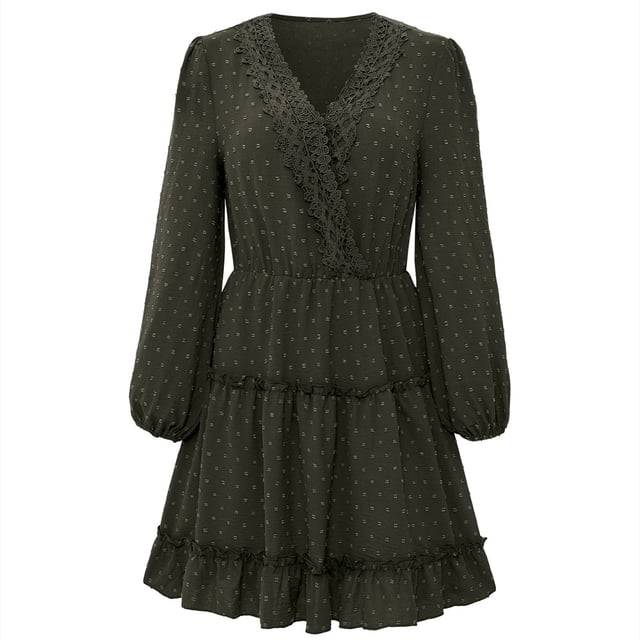 Vestido de otoño para mujer, manga larga, escote en V, cintura alta, corte A, minivestido corto, regalo para mujer