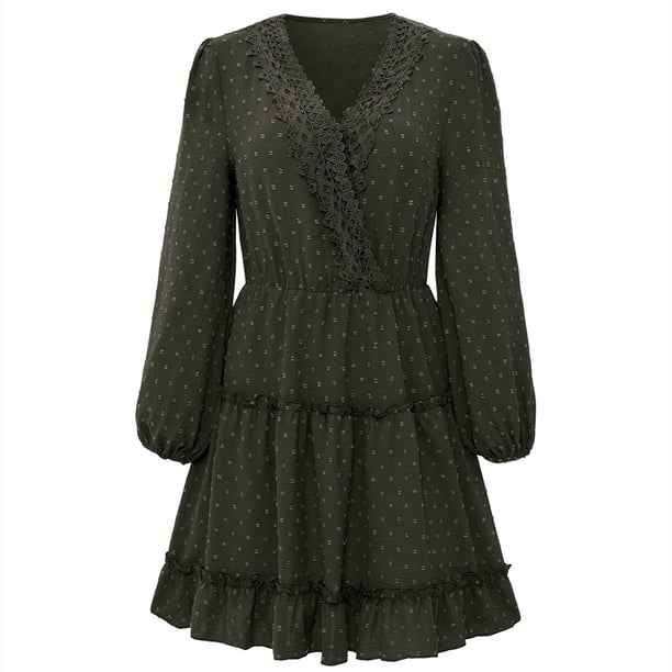 Vestido de otoño para mujer, manga larga, escote en V, cintura alta, corte A, minivestido corto, regalo para mujer
