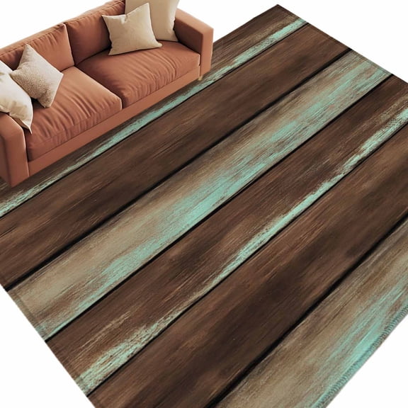 Teal Green Brown Wood Grain Washable Area Rug 5 x 7 ft Vintage Board Farm, Soft Non Slip Rugs Stain Repellent Indoor Felt Carpet for Living Dining Room Bedroom Home Office