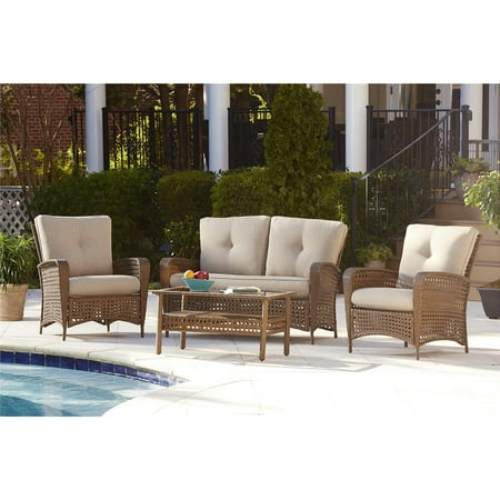 Cosco Outdoor 4-Piece Lakewood Ranch Steel Woven Wicker Patio Furniture Conversation Set with Cushions and Coffee Table, Brown