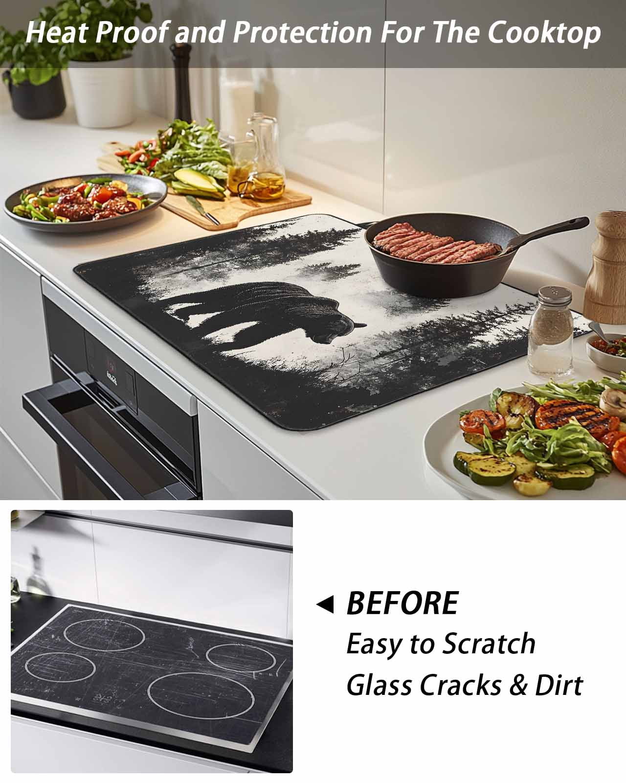 Brown Bear Forest Silhouette Stove Top Covers for Electric Stove, 28'x20'' Vintage Animal Tree Glass Ceramic Stove Cover Foldable Rubber Mat Heat Resistant Cooktop Protector for Kitchen