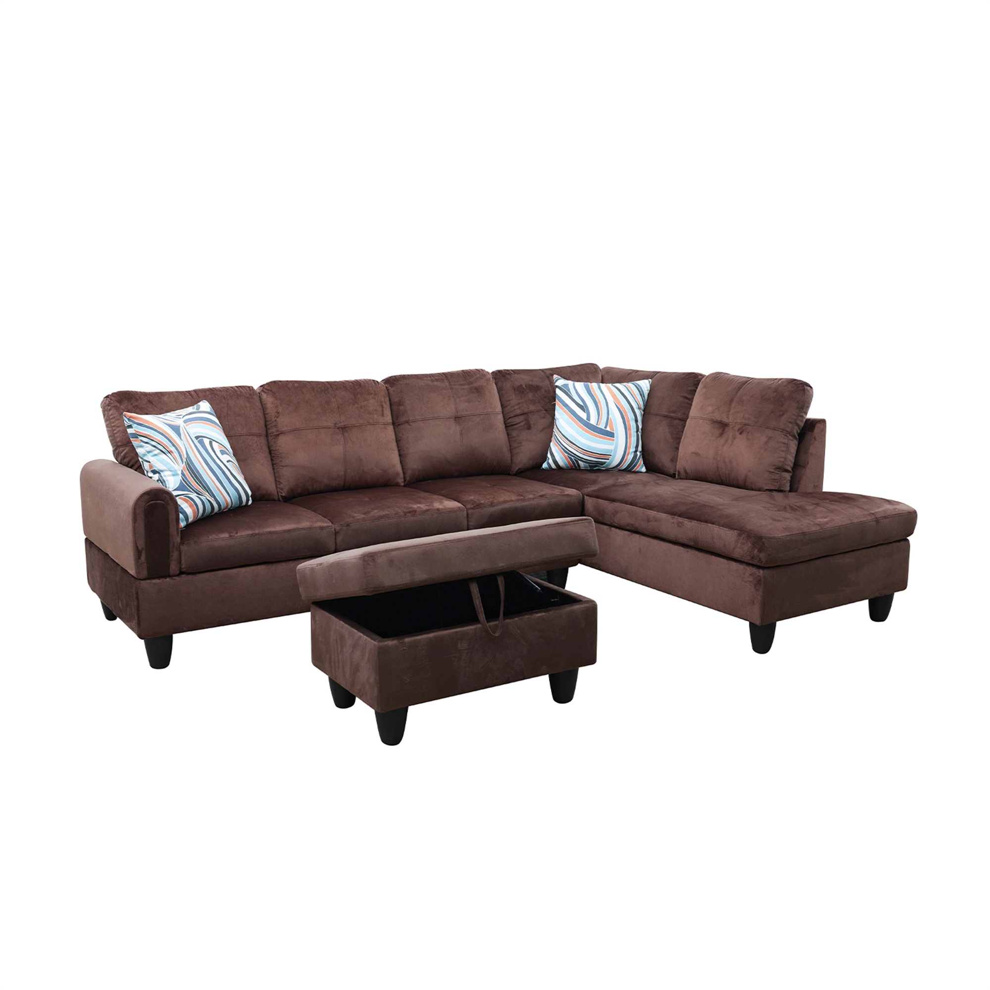 Aukfa Sectional Sofa, Living Room Couch with Storage Ottoman, Right Facing Chaise, Flannel, Brown