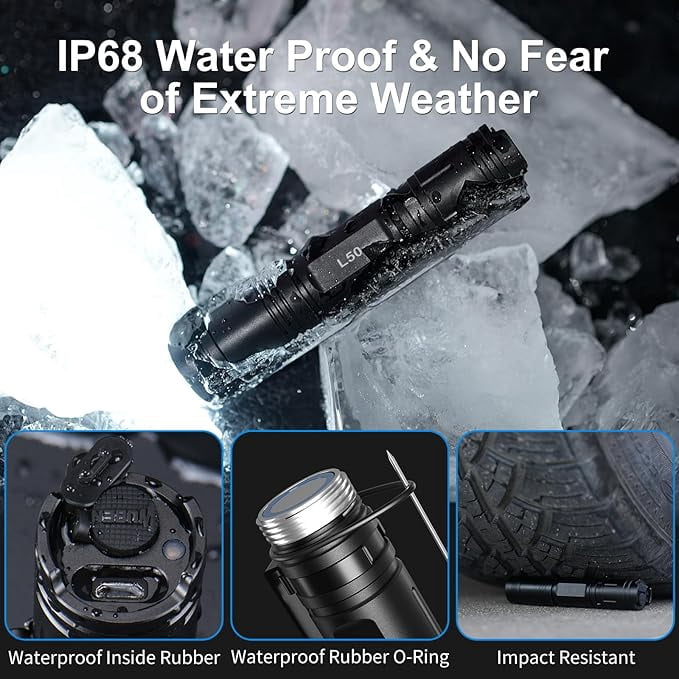 WUBEN L50 Rechargeable Tactical Flashlight 1200 Lumens IP68 Waterproof 5 Modes USB-C Rechargeable EDC Pocket Flashlight for Camping Emergency