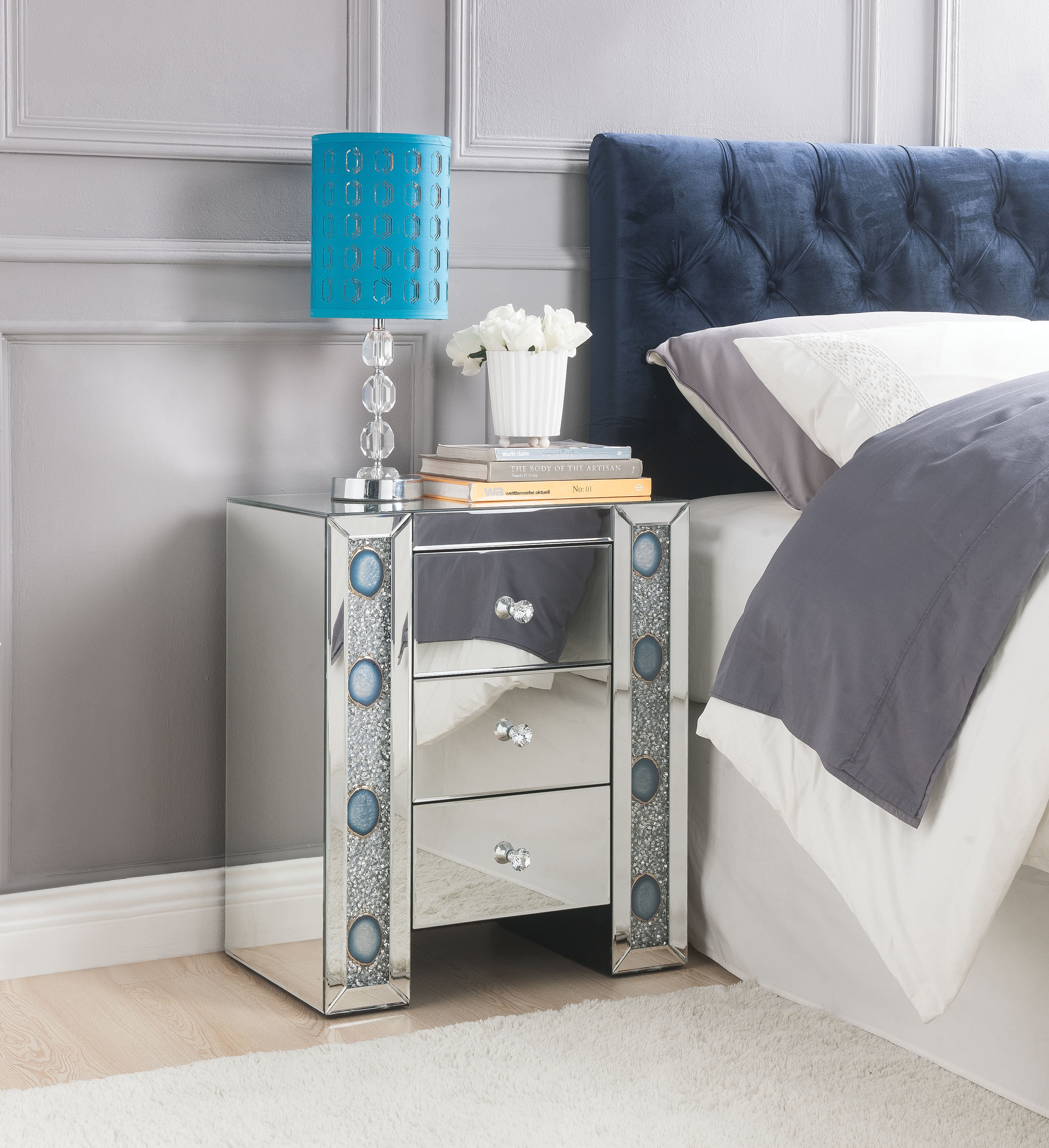 ACME Sonia 3Drawer Mirrored Nightstand with Faux Agate