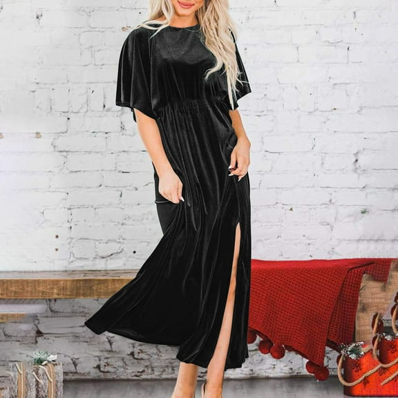 OSFVNOXV Evening Dresses for Women Formal Retro Velvet Dress Short Sleeve High Split Loose Flowy Maxi Dresses