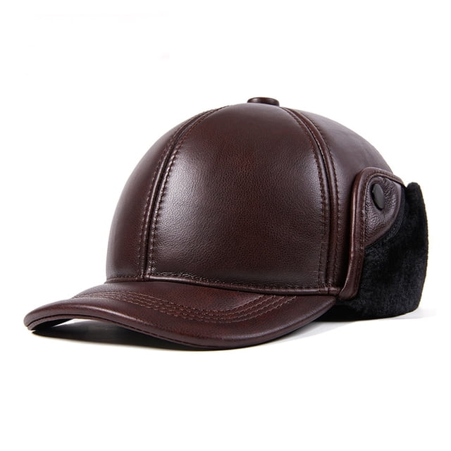 Men's Genuine Leather Duckbill Baseball Cap with Thick Fleece Lining, Warm Winter Hat