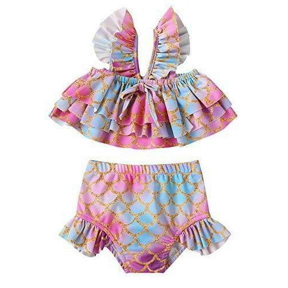 Styles I Love Little Girls Mermaid Scale Pattern Ruffled 2-Piece Bikini Set Pink Swimsuit Bathing Suit Beach Swimwear (90/12-18 Months)