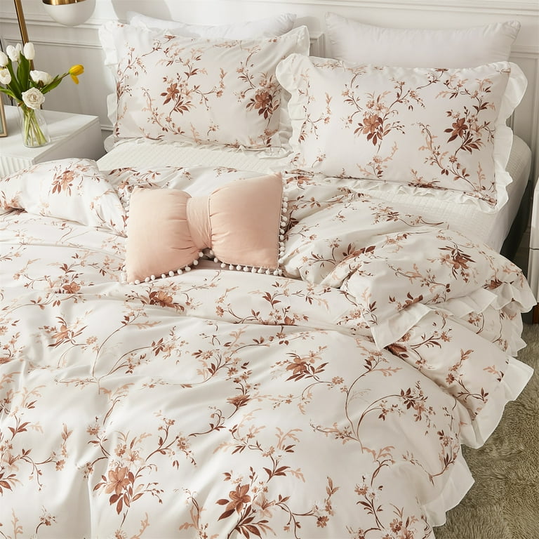 Pink Floral Ruffled Duvet Cover Set, Cotton Bedding Sets