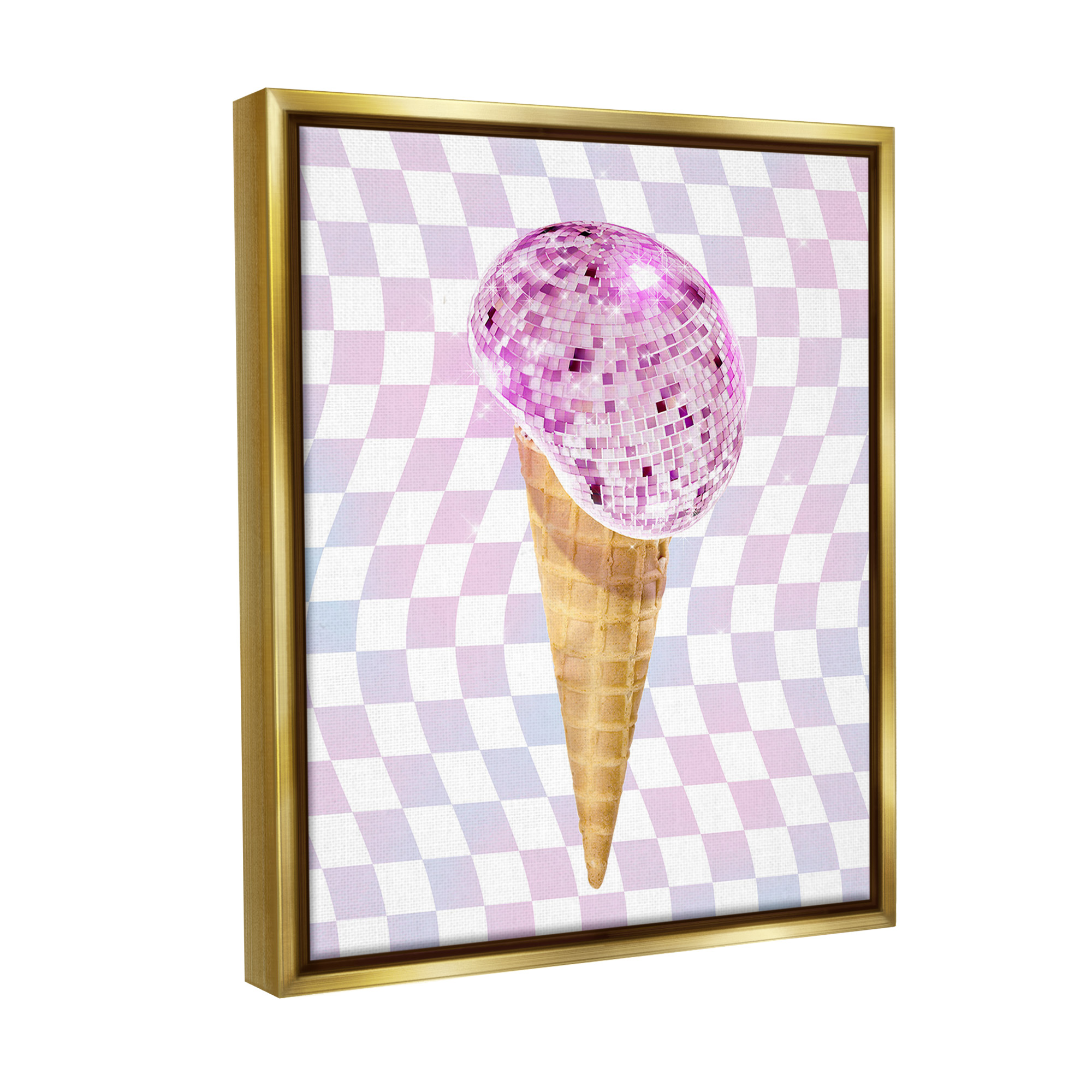 Stupell Industries Checkered Disco Ice Cream Food & Beverage Painting Gold Floater Framed Canvas Art Print Wall Art, 25 x 31