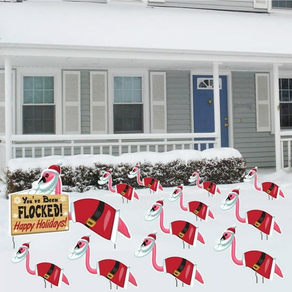 VictoryStore Christmas Flamingos You've Been Flocked Display, Holiday Outdoor Decorations, Set of 12