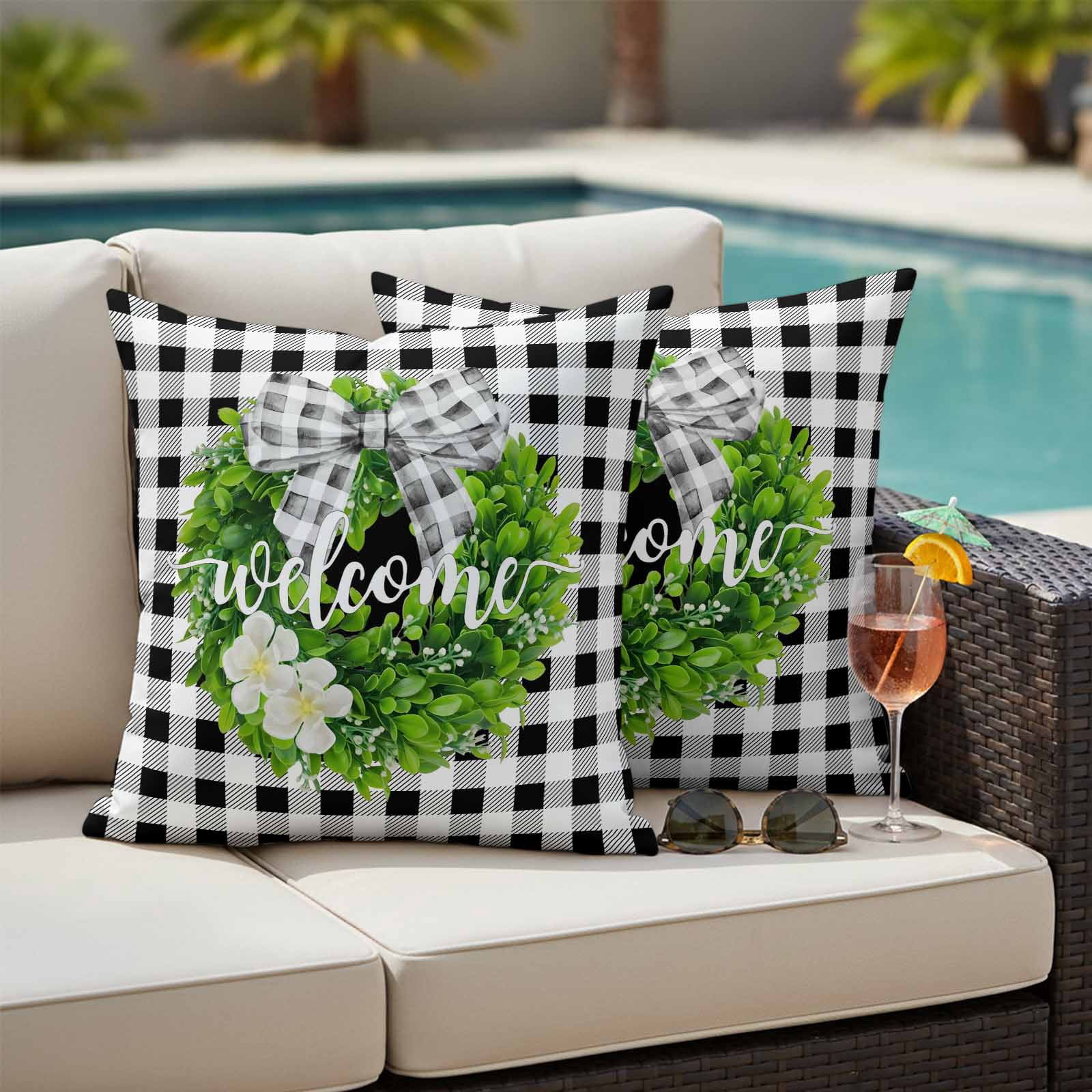 Welcome Pillow Covers 2 Pack Spring Country Farm Green Boxwood Flowers Wreath Black White Plaid Pillowcase Waterproof Outdoor Throw Pillow Cover for Patio Garden Square Cushion 16”x16”