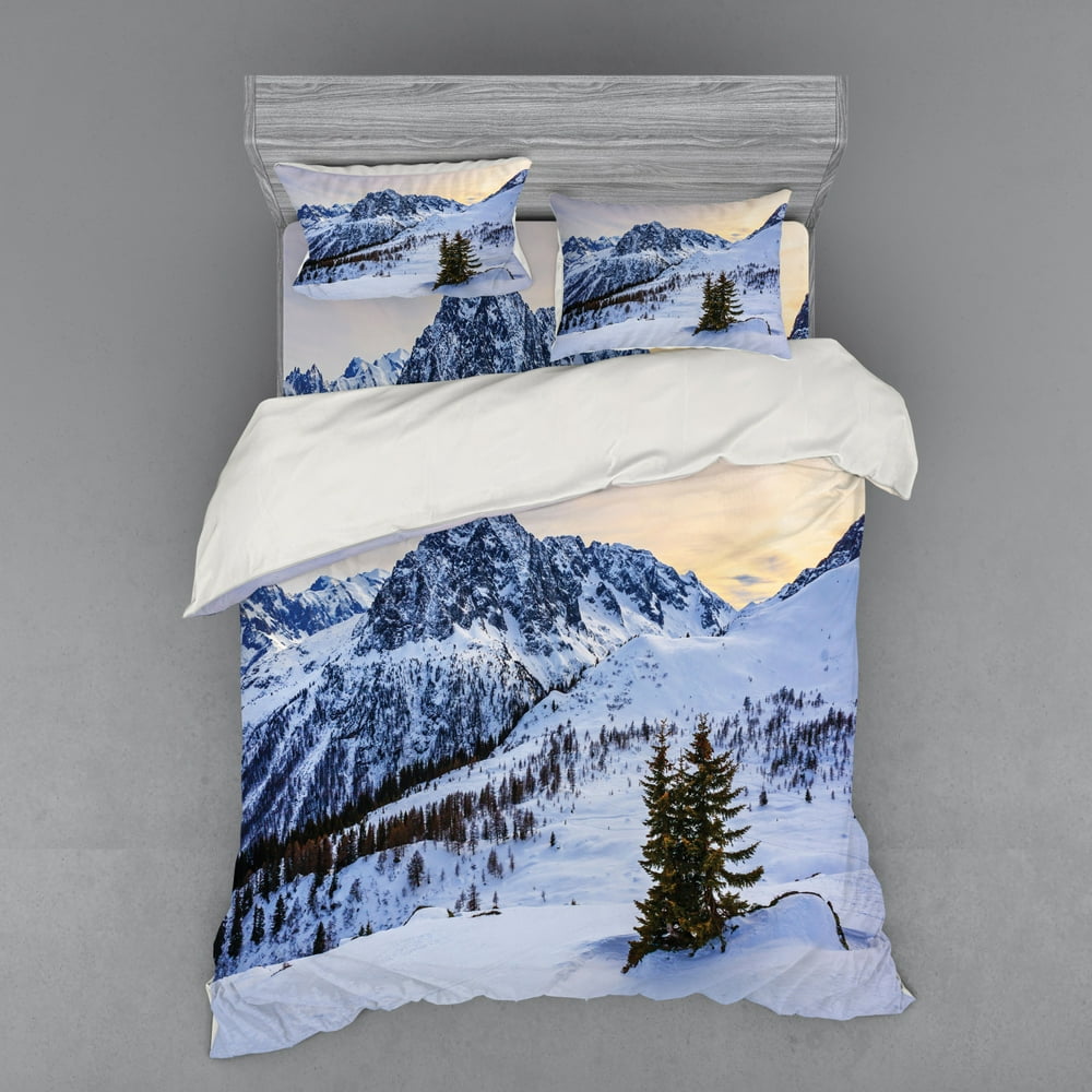 Mountain Duvet Cover Set, Landscape of Snowy Mountain at Sunset Pine Trees Tranquility in Winter