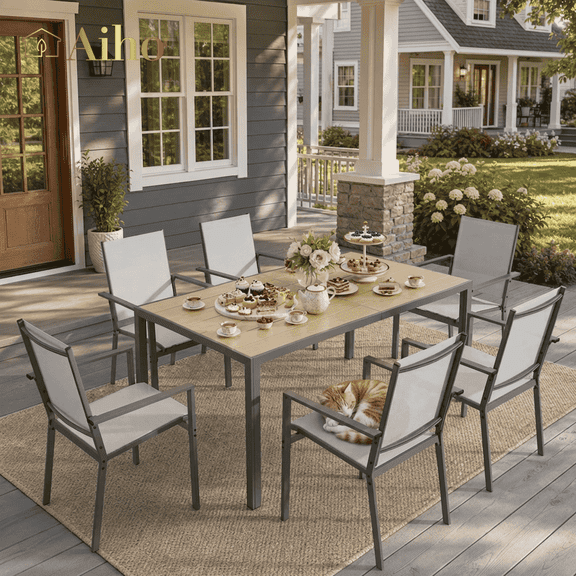 7 Pieces Patio Table and Chairs Set, Aiho Outdoor Dining Set for 6 with Umbrella Hole & Textilene Chairs, Weather Resistant for Yard, Porch, Garden - Gray