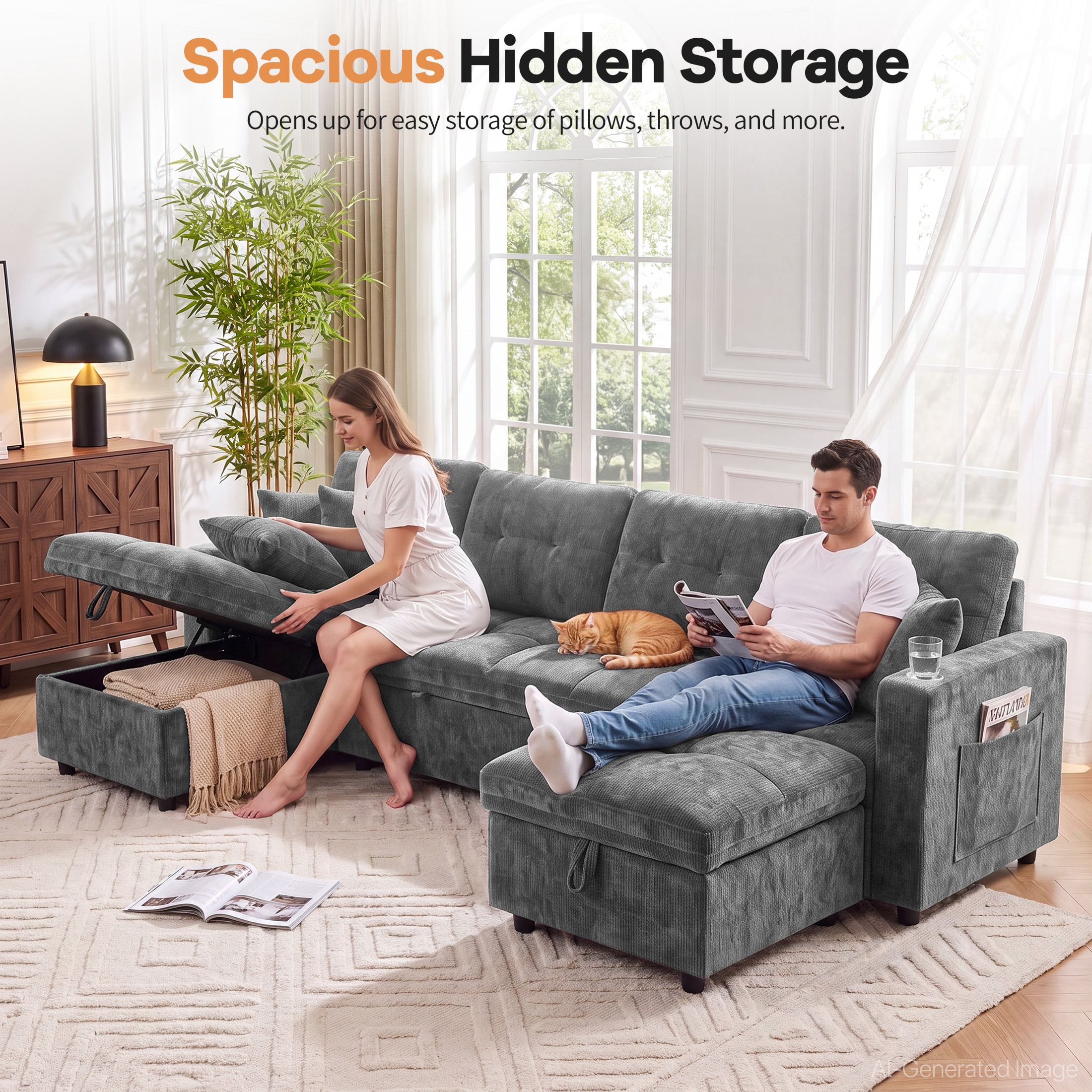 Aenkyo 108" Chenille U-Shaped Sectional Pull Out Sofa Bed with Dual Storage Chaises, Gray