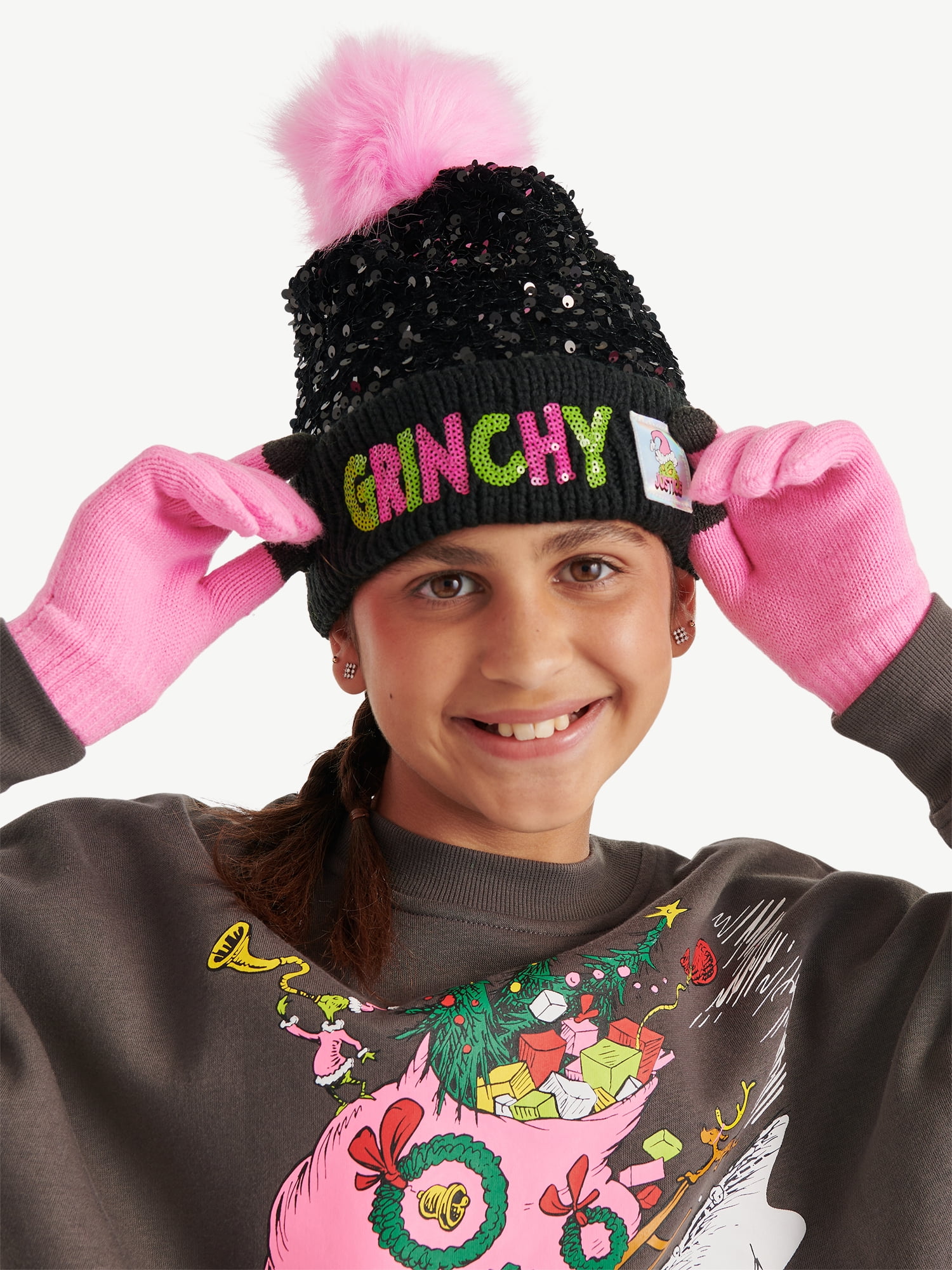 Justice Girls x Dr. Seuss' The Grinch Sequin Hat and Glove Set, Black