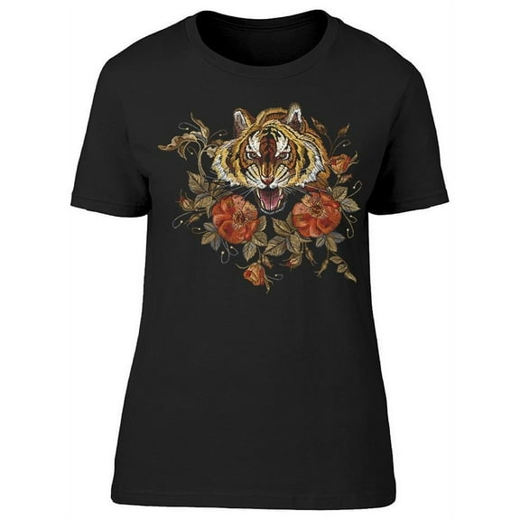 Tiger Head And Beautiful Roses T-Shirt Women -Image by Shutterstock, Female Small