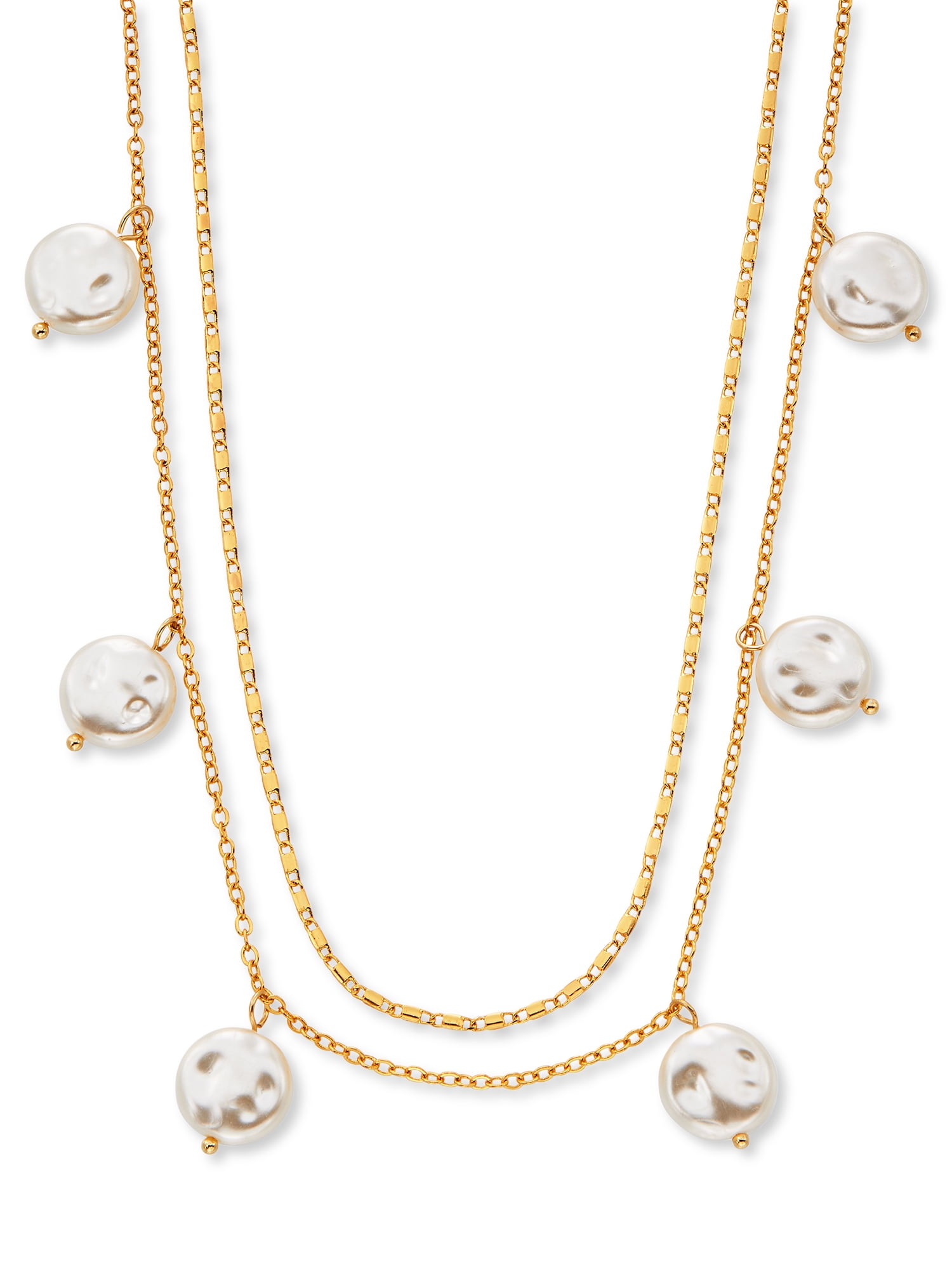 Scoop Womens Brass Yellow Gold-Plated Imitation Pearl Layered Necklace, 15' + 3' Extender
