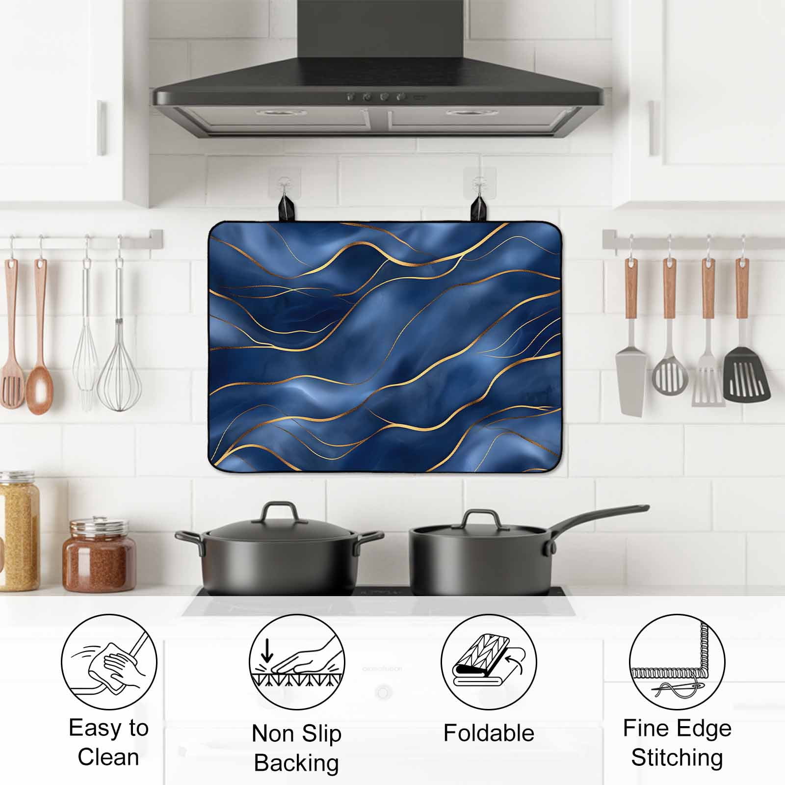 Navy Blue Marble Stove Top Cover for Electric Stove, Heat-proof & Non Slip Glass Top Stove Cover Protector, Abstract Modern Golden Geometric Kitchen Flat Cooktop Rubber Mat 24x21 Inches